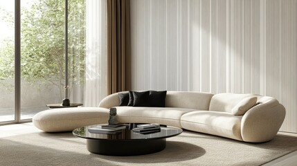 Modern living room featuring a stylish beige sectional sofa with black cushions. a sleek round coffee table. and soft natural light streaming through sheer curtains. enhancing the serene atmosphere