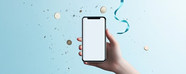 A hand holding a smartphone against a light blue background. with festive ribbons and confetti falling. suggesting a celebration or announcement of a special event