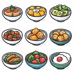 Delicious Asian Cuisine. Healthy and Wholesome Vegetable Dishes with Mixed Greens at Colorful Dining Table