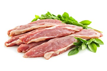 Raw Meat Slices with Fresh Basil Leaves