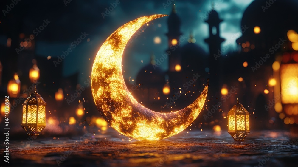 Poster A beautifully illuminated crescent moon sculpture surrounded by glowing lanterns on a cobblestone surface at night. creating a magical and serene atmosphere