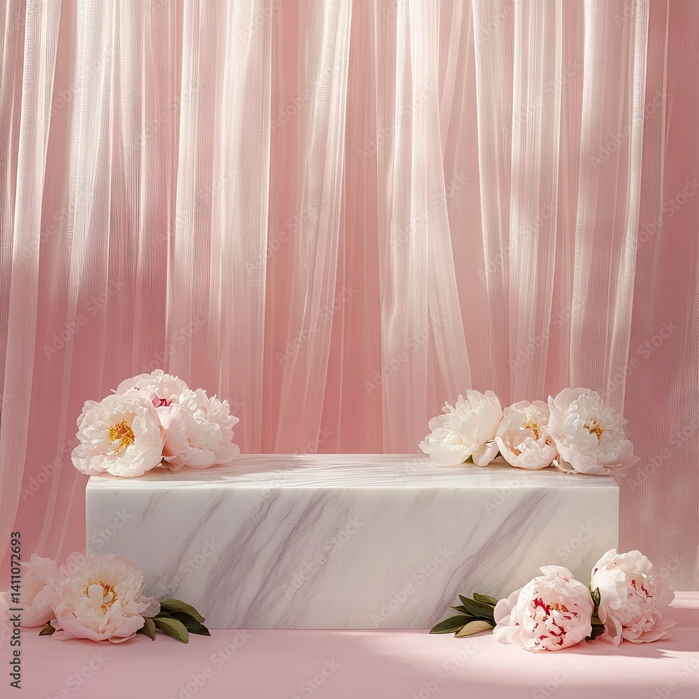 Poster a serene still life featuring a smooth marble block surrounded by soft pink drapery and delicate peo