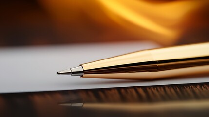 Fototapeta premium Close-up of a sleek golden pen resting on a blank sheet of paper with a warm, blurred background