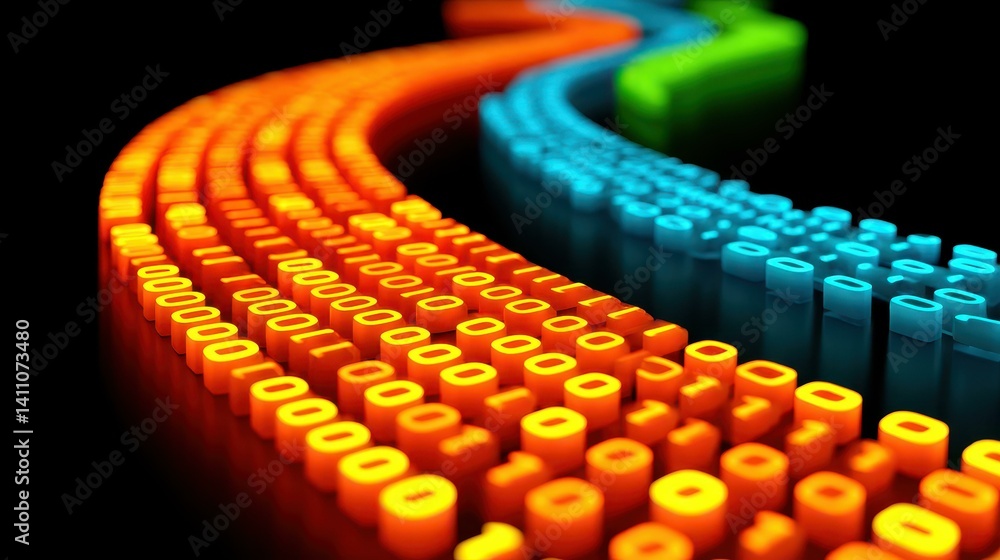 Poster a vibrant curved pathway flows with binary code, blending green, orange, and blue for a techinspired