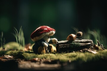Obraz premium Miniature Mushroom Creature and Snails on Mossy