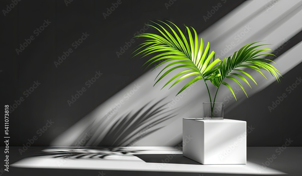 Poster a minimalist composition featuring a single green palm leaf elegantly placed in a textured stone cub