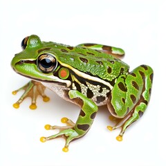 Obraz premium A vibrant leopard frog sits gracefully on a clean white background, showcasing its distinct spotted pattern.