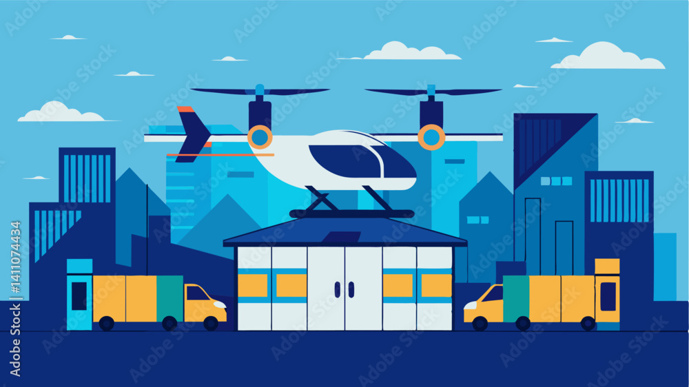 Poster an evtol hovering over a hightech warehouse delivering goods with lightning speed.. vector illustrat