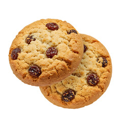 Two golden-brown cookies topped with juicy raisins, captured on a clean black background. The cookies have a crisp texture with slightly cracked surfaces, highlighting their homemade appeal.