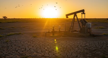 Fototapeta premium Oil pump jack at sunset over cracked earth