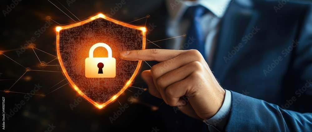 Poster a professional person interacting with digital security icons. showcasing a padlock symbol on a shie
