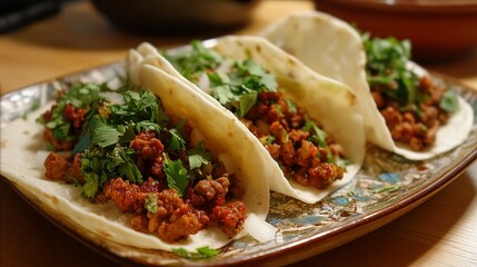 Three flavorful tacos, garnished with fresh cilantro and onions.