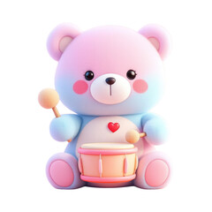 Adorable pastel teddy bear playing drum isolated against a pure white backdrop
