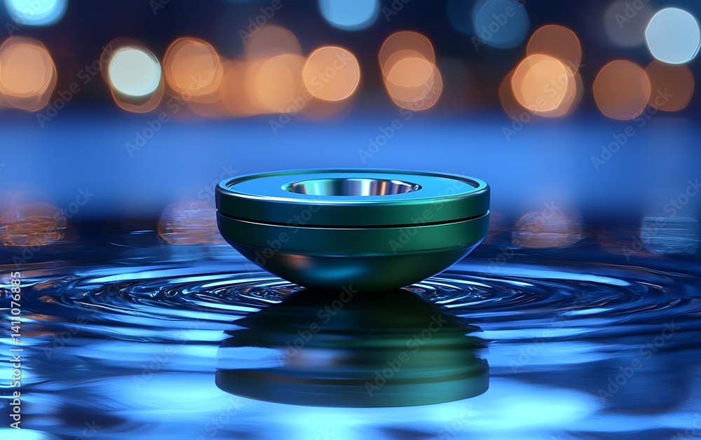 Poster metallic bowl floating on water with ripples and bokeh background