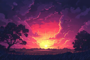 Digital Art Sunset. Vibrant Rural Landscape with Colorful Sky and Silhouettes