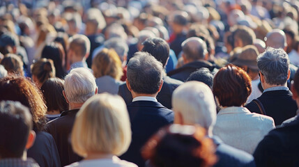 A crowd listening intently to a speech at a rally. stock image, hd quality, natural look, blog post