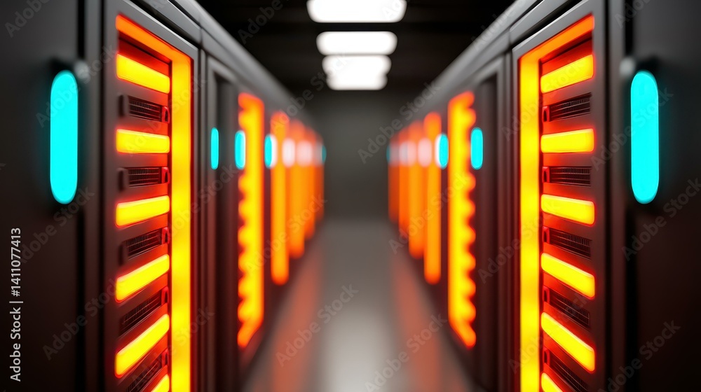 Poster a sleek computer server room filled with modern technology, showcasing servers in a minimalistic, hi
