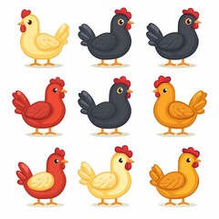 Fototapeta premium Colorful Cartoon Chickens Illustration - Funny Farm Animals in Whimsical Vector Art