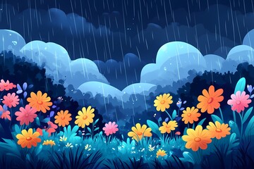 Colorful Flowers in a Rainy Night. Whimsical Botanical Digital Artwork