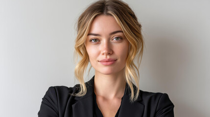 Confident businesswoman in a classic black suit, exuding professionalism. Perfect for corporate themes and branding.