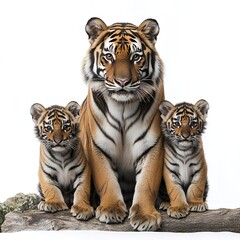Obraz premium Majestic Tiger Mother with Two Adorable Cubs Posing on a Log Against a White Background