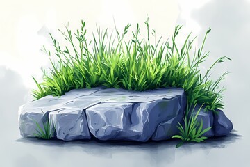 Serene Scenic View. Nature Illustration with Rock and Grass in Picturesque Landscape - Colorful Digital Art of Lush, Leafy Wilderness