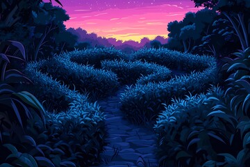 Twilight Maze Adventure. Vibrant Scenic Landscape with Colorful Hedges at Sunset