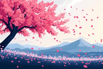 Vibrant Cherry Blossom Tree in Tranquil Spring Mountain Landscape. Pink Petals and Colorful Nature Scenery