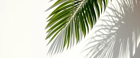 Obraz premium Intricate palm leaf shadow on bright white wall, summery backdrop, photography, texture