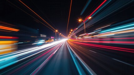 Dynamic night traffic light trails on a bustling urban road.