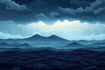 Atmospheric Cloudy Mountain Landscape. Digital Artwork of Stormy Skies and Serene Dusk Vista