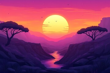 Vibrant Sunset Landscape Illustration with Silhouettes of Mountains and Valley - Majestic Nature Scene at Dusk