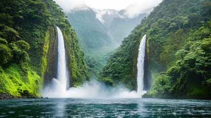 Obraz premium Two dramatic waterfalls cascade amidst lush green mountain forest