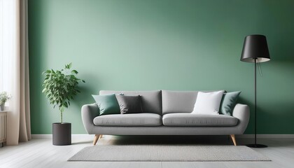 Empty Pastel Green Wall Mockup in Scandinavian Interior with Soft Gray Sofa and a Matte Black Floor Lamp. Natural Daylight From a Window. Promotion Background.