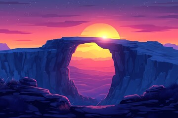 Stunning Sunset Landscape with Vibrant Gradient Sky and Rock Arch Silhouette Nature's Dramatic and Mystical Beauty