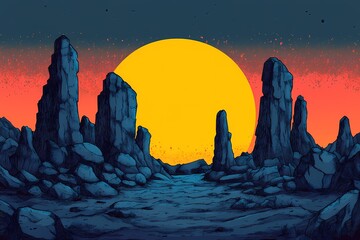 Escape to a Vibrant Fantasy Landscape. Rocky Sunset with Bold Colors and Dramatic Sky in Minimalist Art Style