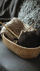 Obraz premium cozy bamboo basket filled with dark yarn, knitting needles, and soft knitted blanket on sofa, creating warm crafting atmosphere
