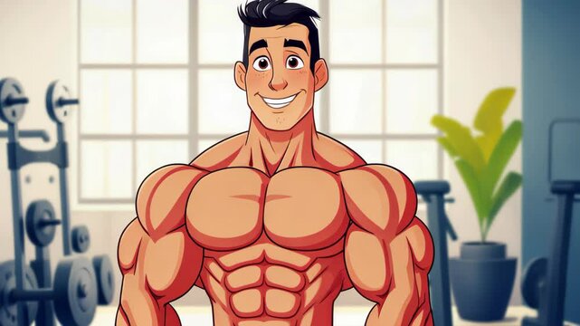 A vibrant cartoon of a fitness coach enhancing his social media skills, showcasing engaging content and creativity