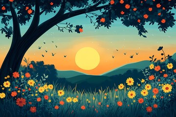Colorful Summer Sunset. Vibrant Floral Landscape with Silhouetted Trees and Serene Horizon