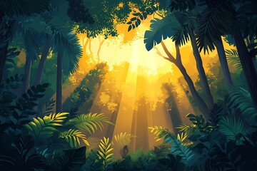 Lush Tropical Jungle Forest. Sunlight Through Trees in a Serene Nature Landscape