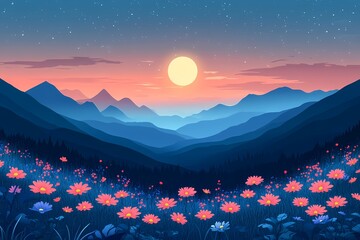 Tranquil Mountain Sunset Over Blooming Wildflowers. A Vibrant Digital Art Exploration of Peaceful Nature & Scenic View