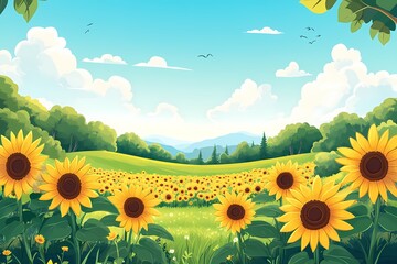 Vibrant Sunflower Field Under a Blue Sky. Stunning Summer Nature Landscape