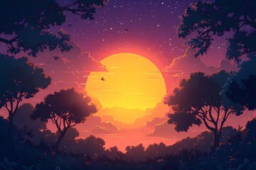 Vibrant Sunset Landscape. Digital Art Journey Through Nature's Scenic Serenity
