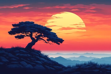 Serene Nature Landscape. Vibrant Sunset Over Pine Trees with Mystical Evening Sky and Picturesque Mountains