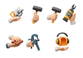 Cartoon hands holding various tools illustration