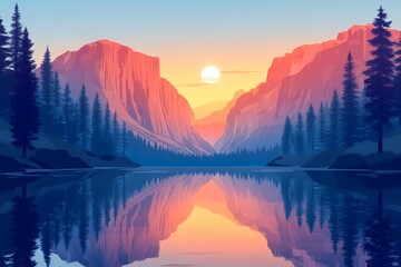 Breathtaking Nature Landscape at Sunset. Vibrant Mountain Reflections Over Tranquil Lake and Forest Horizons