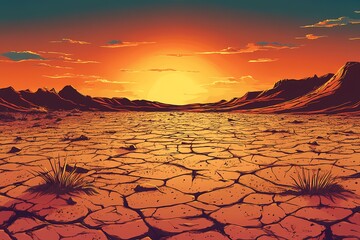 Desert Sunset Illustration. Vibrant Dramatic Arid Landscape with Dusk Sky and Silhouette Cacti