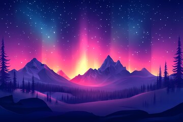 Majestic Peaks and Aurora Borealis. Vibrant Night Sky Digital Art and Enchanting Landscape