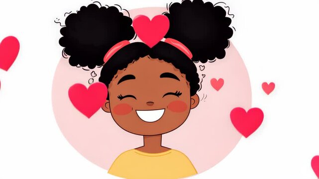 A joyful black girl in a vector art style, showcasing her bright smile and laughter, radiating pure happiness.