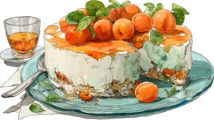 a Mirabelle Cake, isolated on white background,hand drawing cartoon 2d,funny,issolated on white background.photo stock